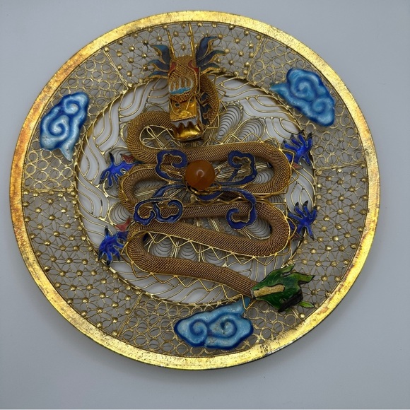 Golden Blue Dragon Wall Piece Chinese cloisonne copper filligre intricate design - Picture 1 of 15